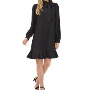 CeCe Tie-Neck Ruffled-Hem Dress in Rich Black 12 NWT